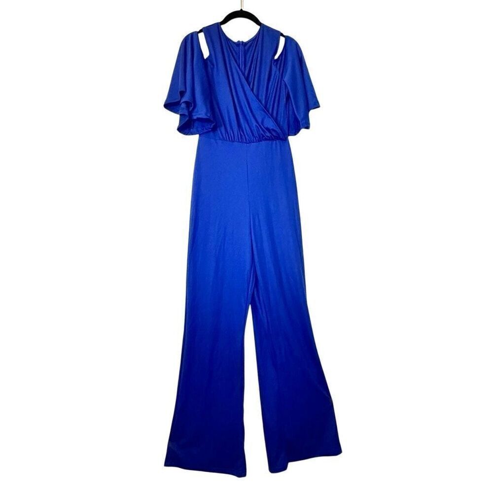 Soho Chic Faux Wrap Flutter Cold Shoulder Blue One Piece Jumpsuit Size Small